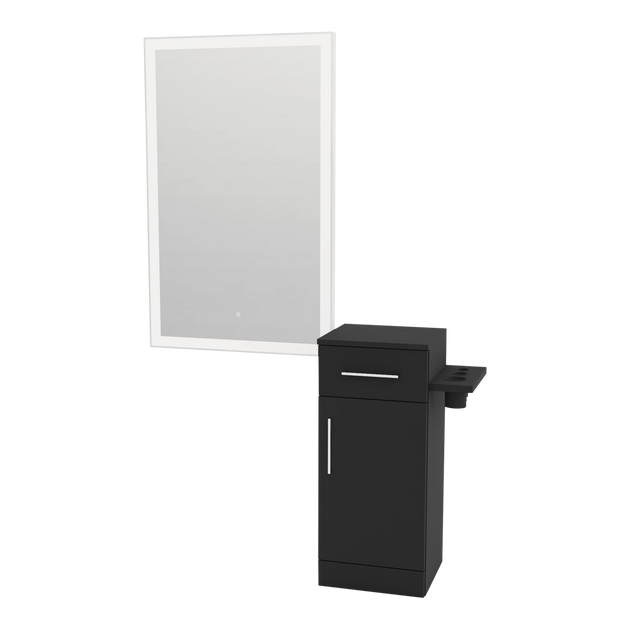 Nova Tower Free Standing Styling Station with Side-Mount Appliance Holder and Silver Rectangle Glo Mirror - Kaemark