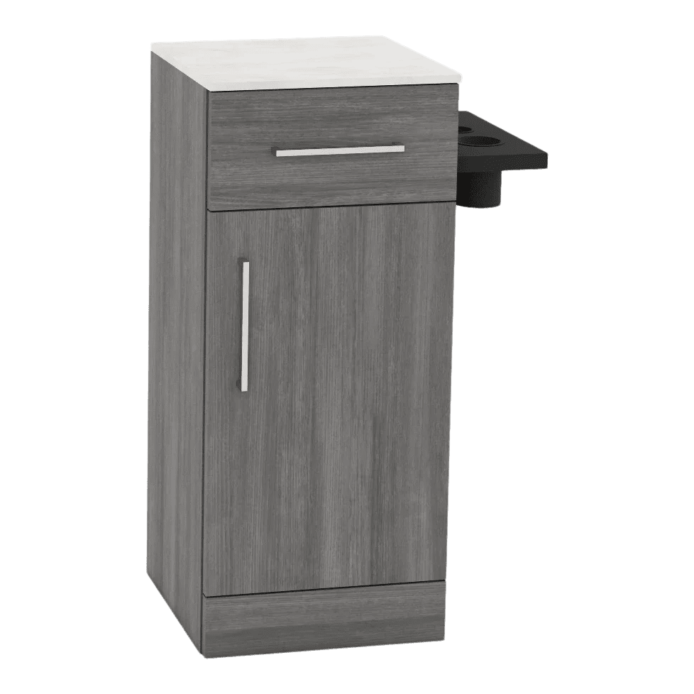 Nova Tower Free Standing Styling Station with Side-Mount Appliance Holder and Solid Surface Countertop (Cabinet Only) - Kaemark