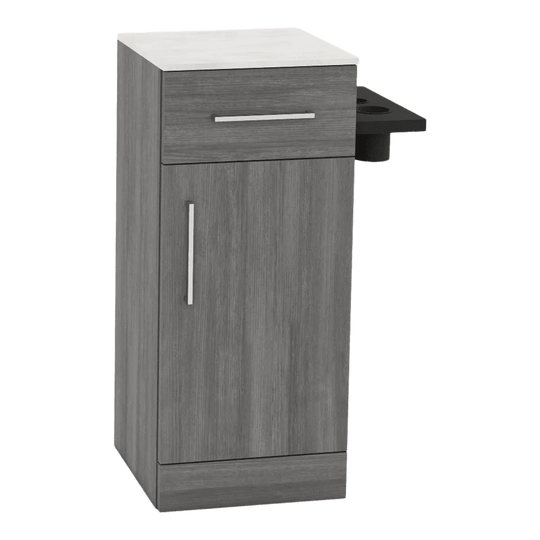 Nova Tower Free Standing Styling Station with Side-Mount Appliance Holder and Solid Surface Countertop (Cabinet Only) - Kaemark