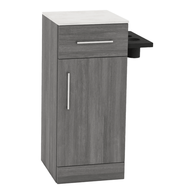 Nova Tower Free Standing Styling Station with Side-Mount Appliance Holder and Solid Surface Countertop (Cabinet Only) - Kaemark