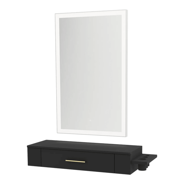 Nova Wall Mount Styling Station with Side-Mount Appliance Holder and Silver Rectangle Glo Mirror - Kaemark