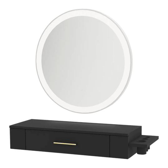 Nova Wall Mount Styling Station with Side-Mount Appliance Holder and Silver Round Glo Mirror - Kaemark
