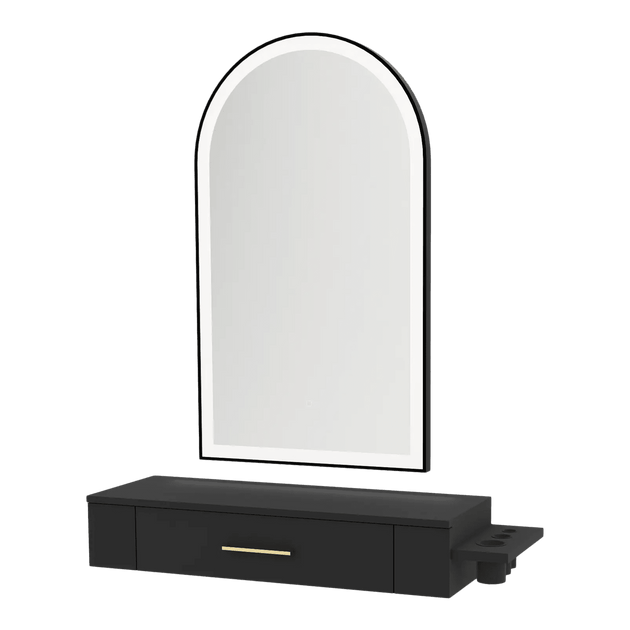 Nova Wall Mount Styling Station with Side-Mount Appliance Holder and Black Paloma Arch Mirror - Kaemark