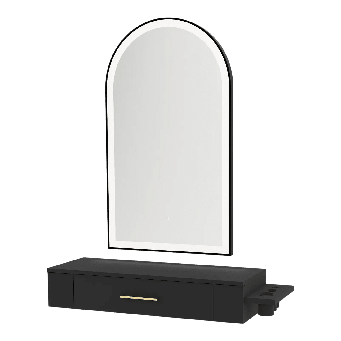 Nova Wall Mount Styling Station with Side-Mount Appliance Holder and Black Paloma Arch Mirror - Kaemark