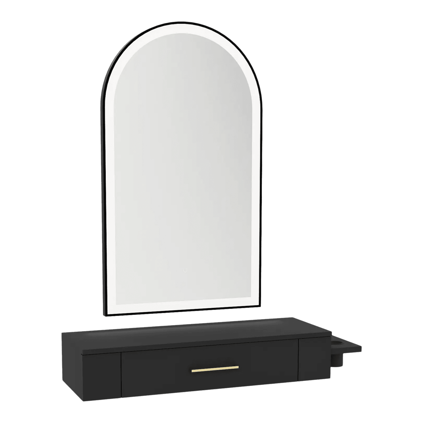 Nova Wall Mount Styling Station with Side-Mount Appliance Holder and Black Paloma Arch Mirror - Kaemark