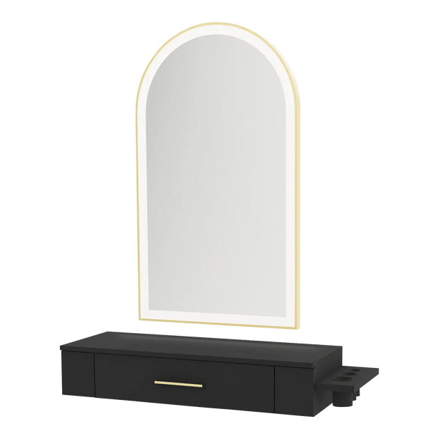Nova Wall Mount Styling Station with Side-Mount Appliance Holder and Gold Paloma Arch Mirror - Kaemark