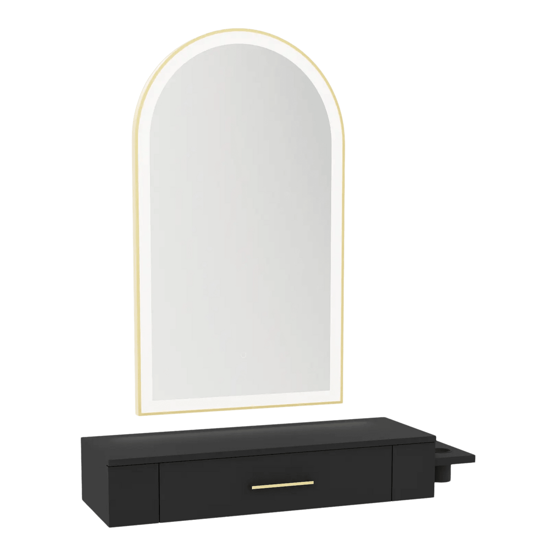 Nova Wall Mount Styling Station with Side-Mount Appliance Holder and Gold Paloma Arch Mirror - Kaemark