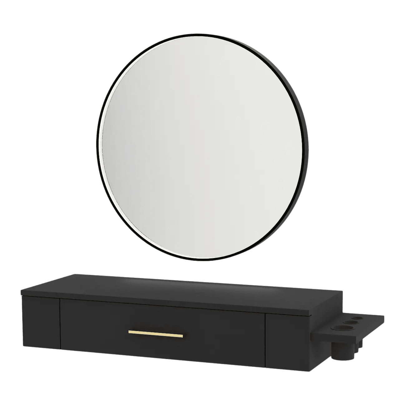Nova Wall Mount Styling Station with Side-Mount Appliance Holder and Black Round Westin Mirror - Kaemark