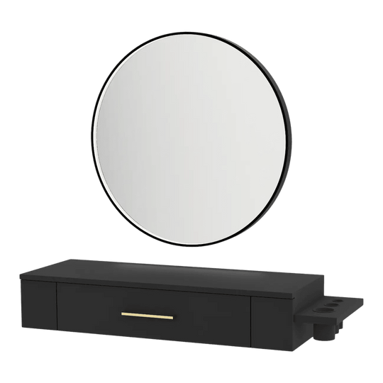 Nova Wall Mount Styling Station with Side-Mount Appliance Holder and Black Round Westin Mirror - Kaemark