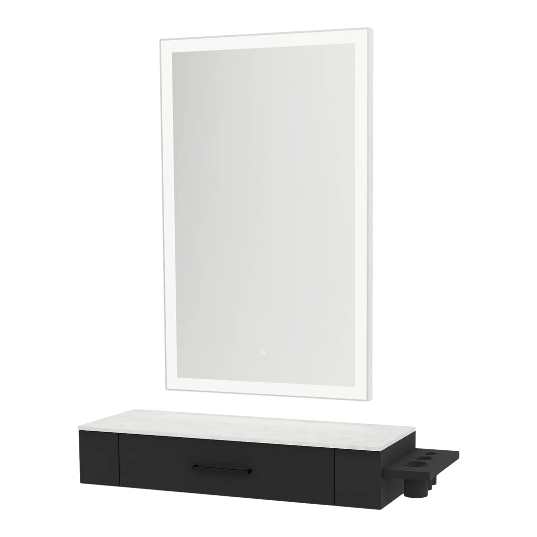 Nova Wall Mount Styling Station with Side-Mount Appliance Holder, Solid Surface Countertop and Silver Rectangle Glo Mirror - Kaemark