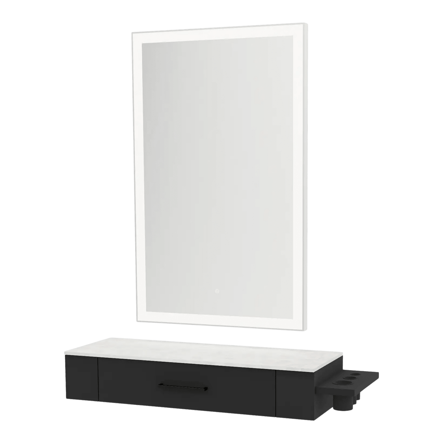 Nova Wall Mount Styling Station with Side-Mount Appliance Holder, Solid Surface Countertop and Silver Rectangle Glo Mirror - Kaemark