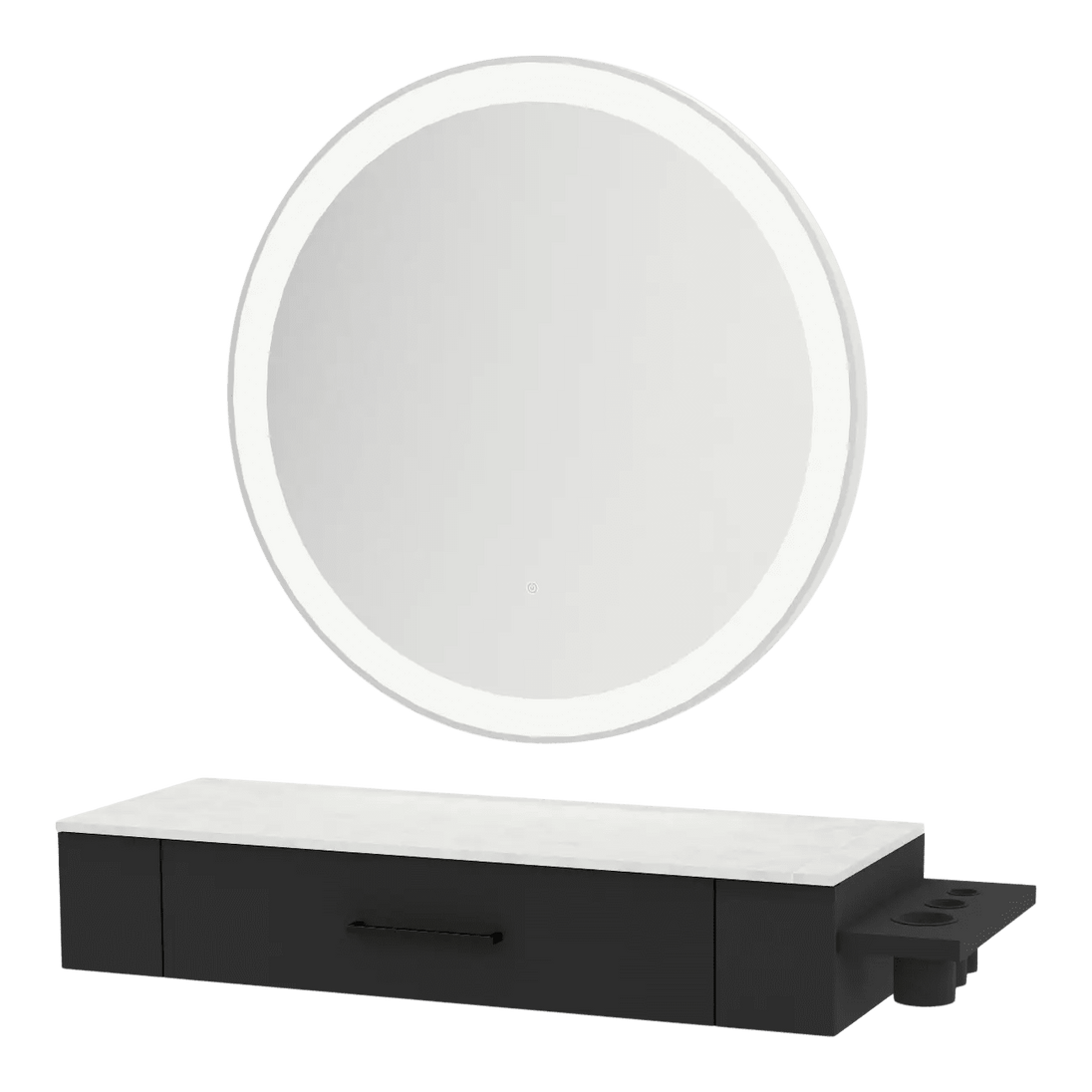 Nova Wall Mount Styling Station with Side-Mount Appliance Holder, Solid Surface Countertop, and Silver Round Glo Mirror - Kaemark