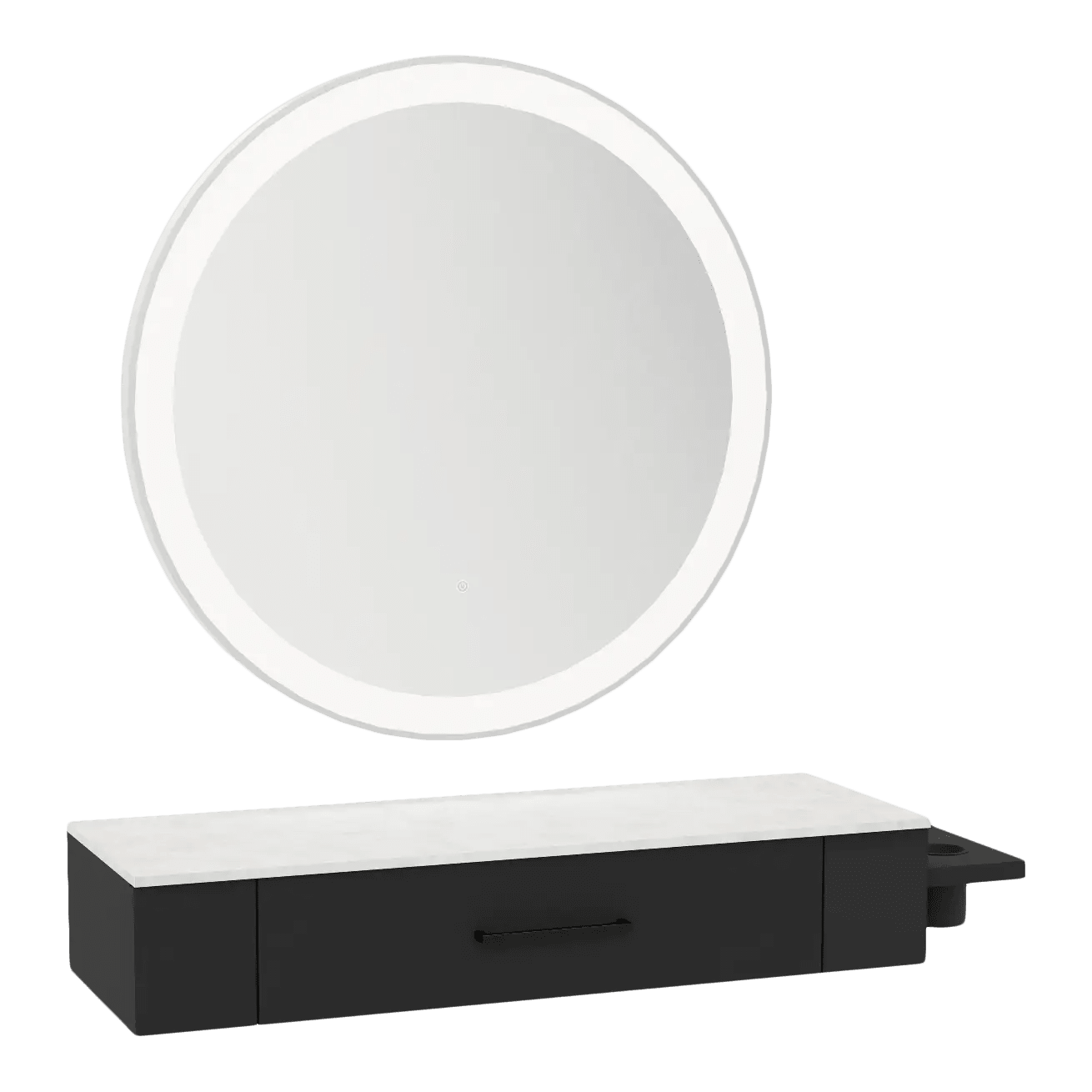 Nova Wall Mount Styling Station with Side-Mount Appliance Holder, Solid Surface Countertop, and Silver Round Glo Mirror - Kaemark