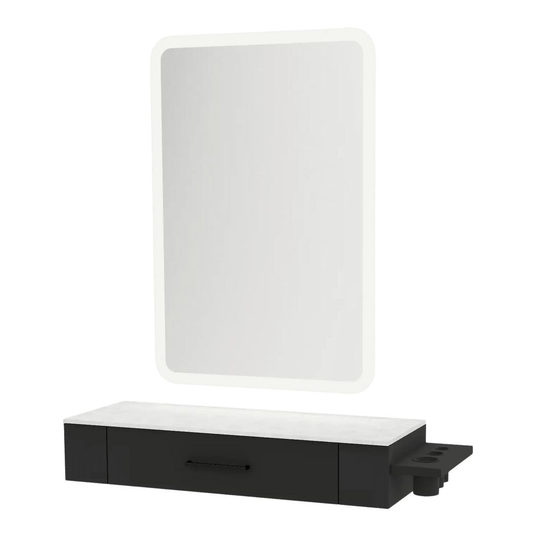 Nova Wall Mount Styling Station with Side-Mount Appliance Holder, Solid Surface Countertop and Illuminate LED Mirror - Kaemark