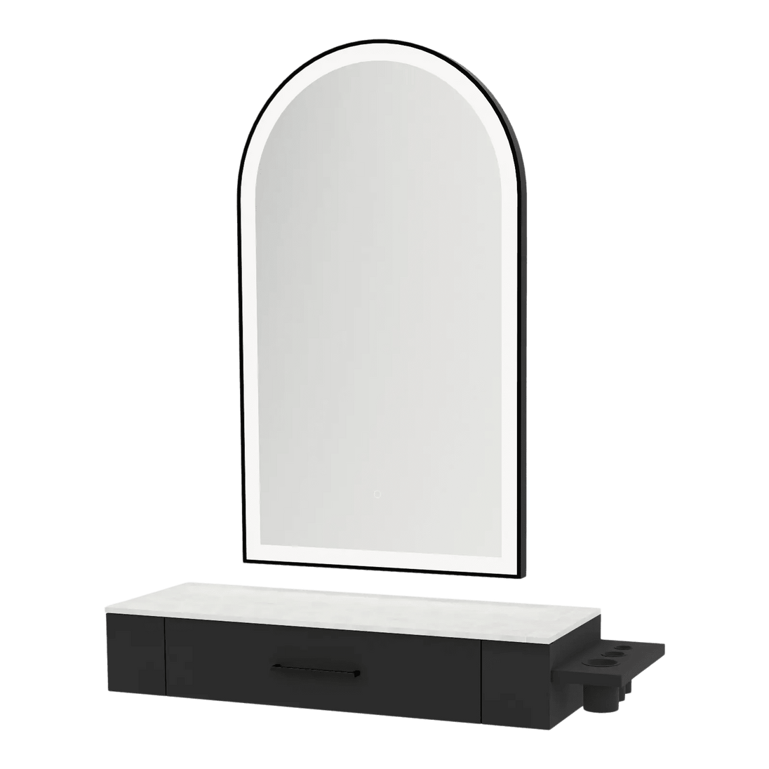 Nova Wall Mount Styling Station with Side-Mount Appliance Holder, Solid Surface Countertop, and Black Arch Paloma Mirror - Kaemark