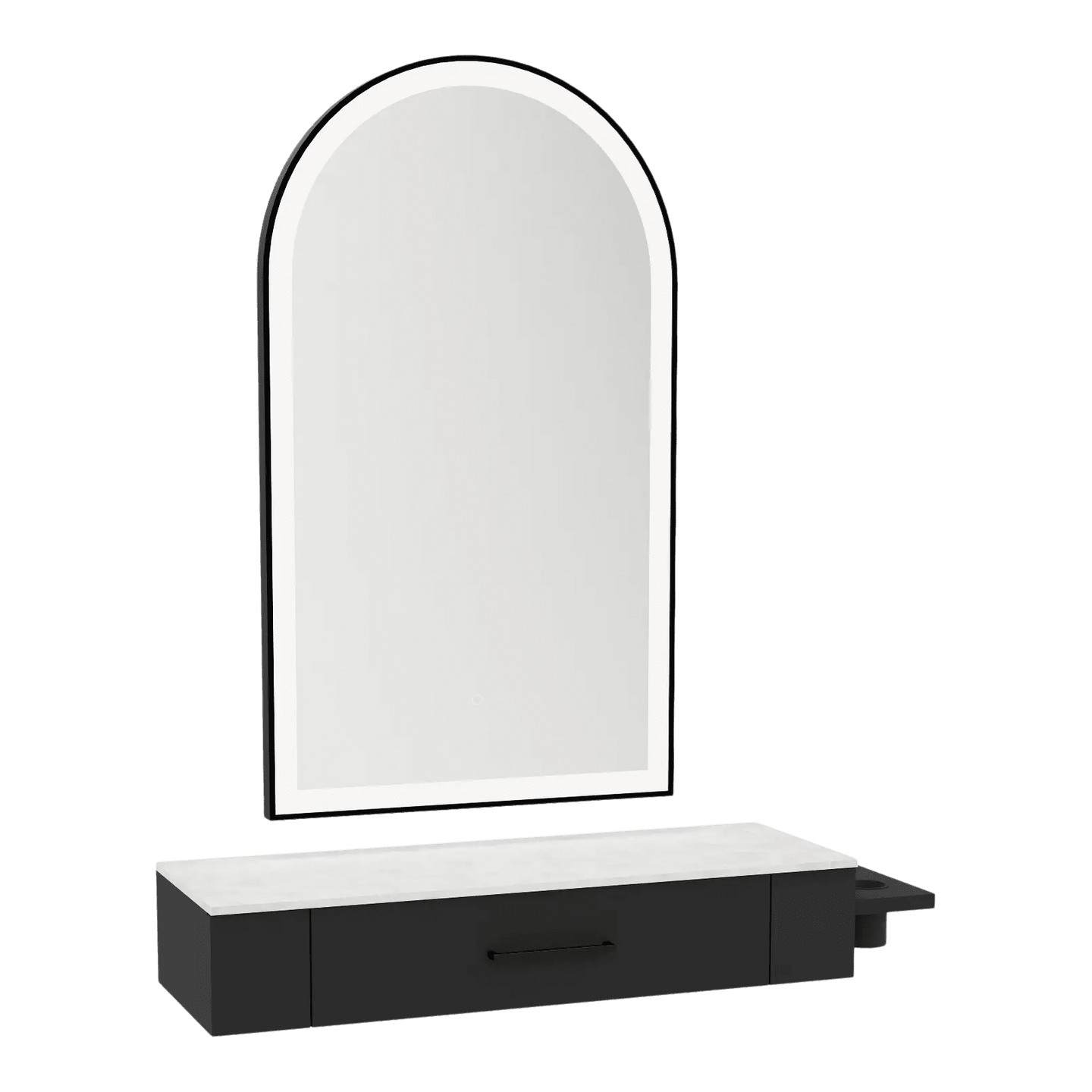 Nova Wall Mount Styling Station with Side-Mount Appliance Holder, Solid Surface Countertop, and Black Arch Paloma Mirror - Kaemark