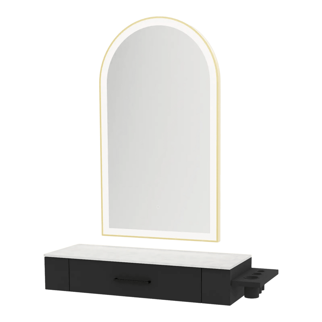 Nova Wall Mount Styling Station with Side-Mount Appliance Holder, Solid Surface Countertop and Gold Paloma Arch Mirror - Kaemark