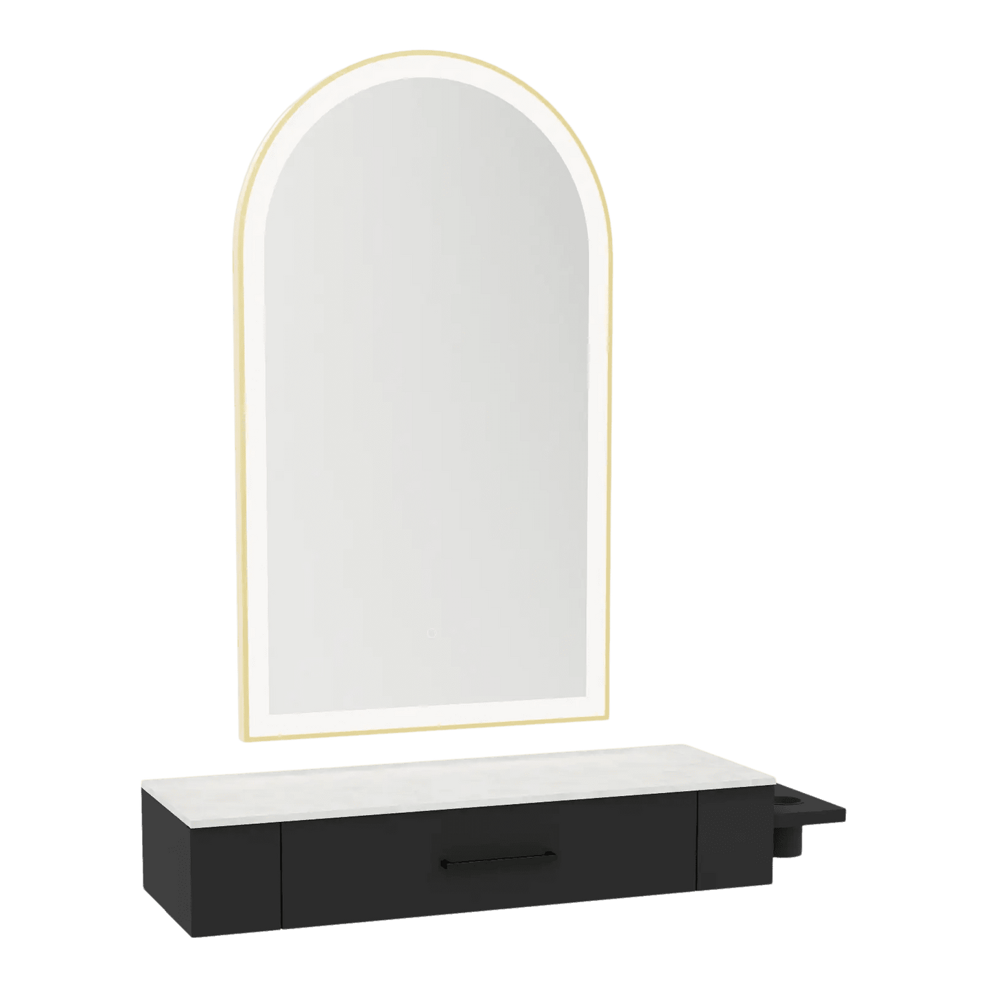 Nova Wall Mount Styling Station with Side-Mount Appliance Holder, Solid Surface Countertop and Gold Paloma Arch Mirror - Kaemark