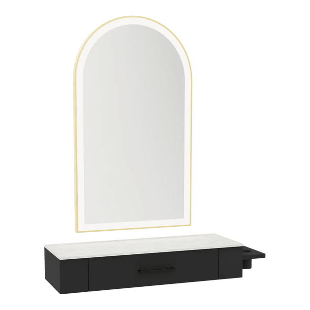 Nova Wall Mount Styling Station with Side-Mount Appliance Holder, Solid Surface Countertop and Gold Paloma Arch Mirror - Kaemark