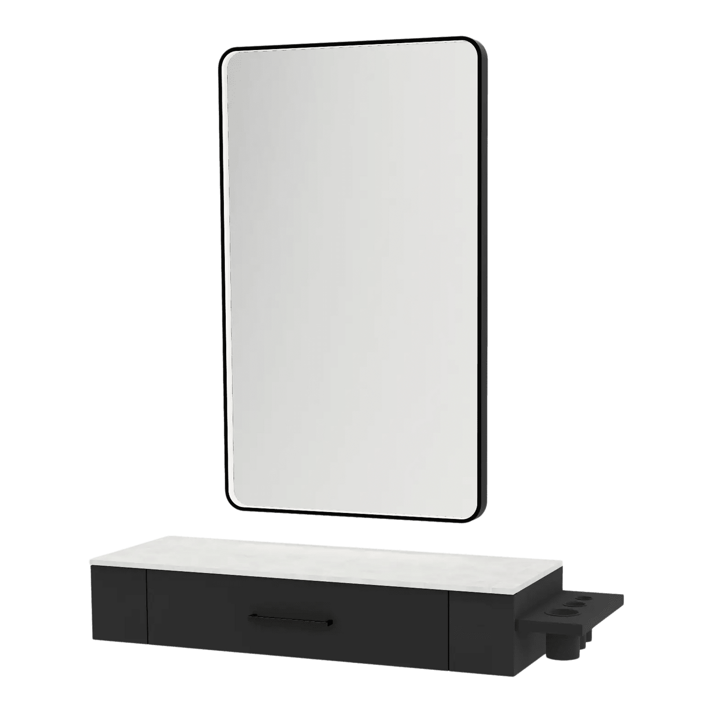Nova Wall Mount Styling Station with Side-Mount Appliance Holder, Solid Surface Countertop, and Black Rectangle Westin Mirror - Kaemark