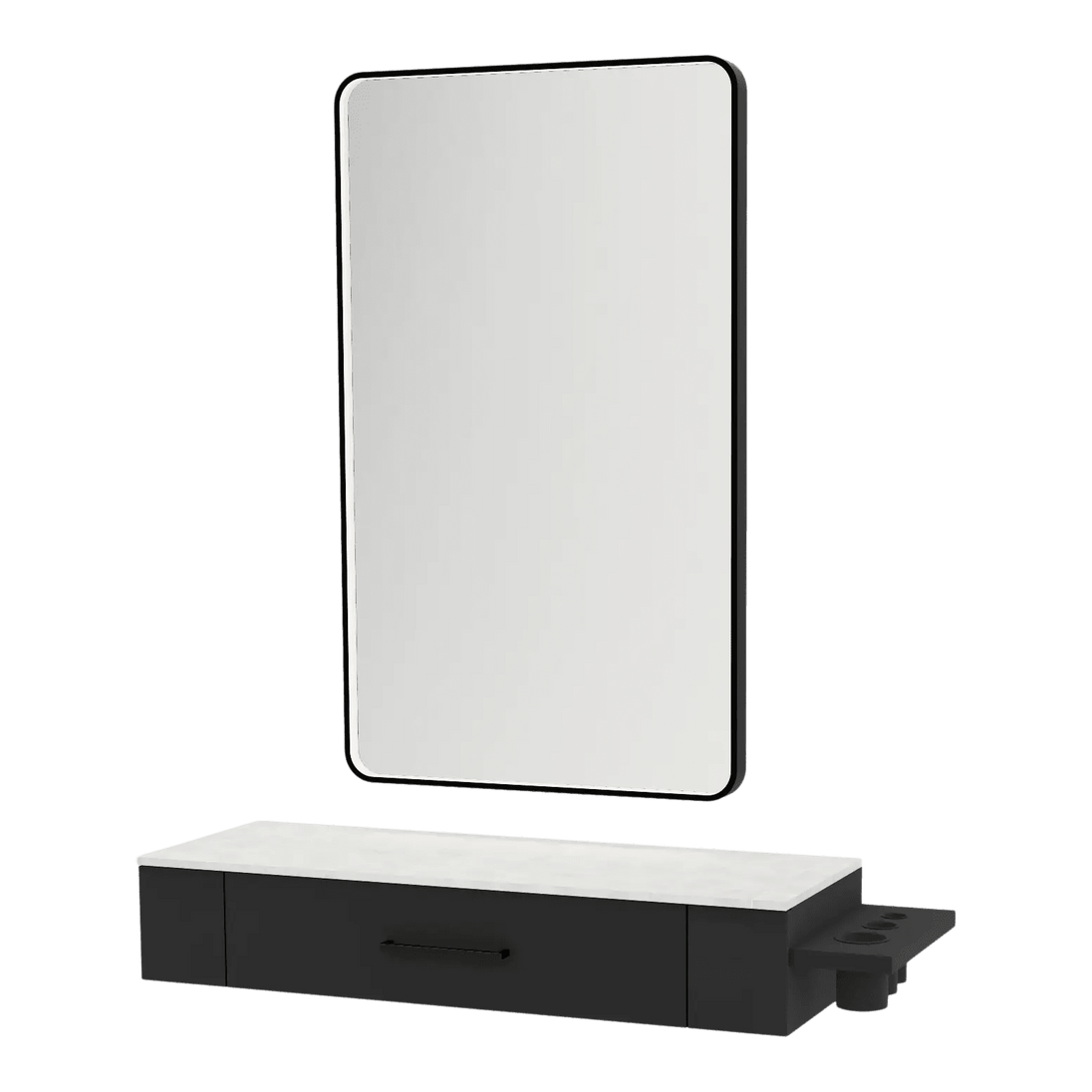 Nova Wall Mount Styling Station with Side-Mount Appliance Holder, Solid Surface Countertop, and Black Rectangle Westin Mirror - Kaemark