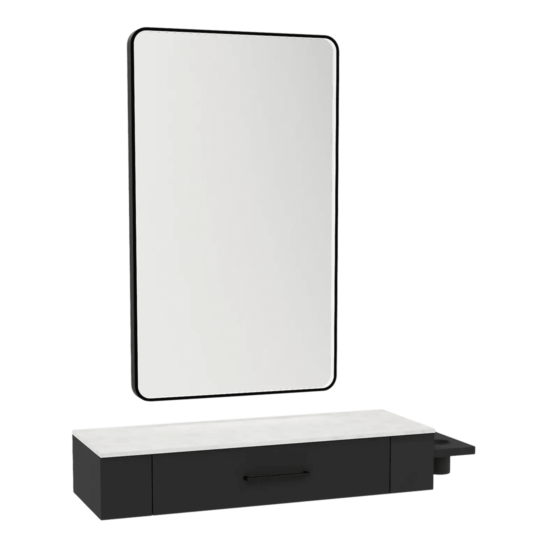 Nova Wall Mount Styling Station with Side-Mount Appliance Holder, Solid Surface Countertop, and Black Rectangle Westin Mirror - Kaemark