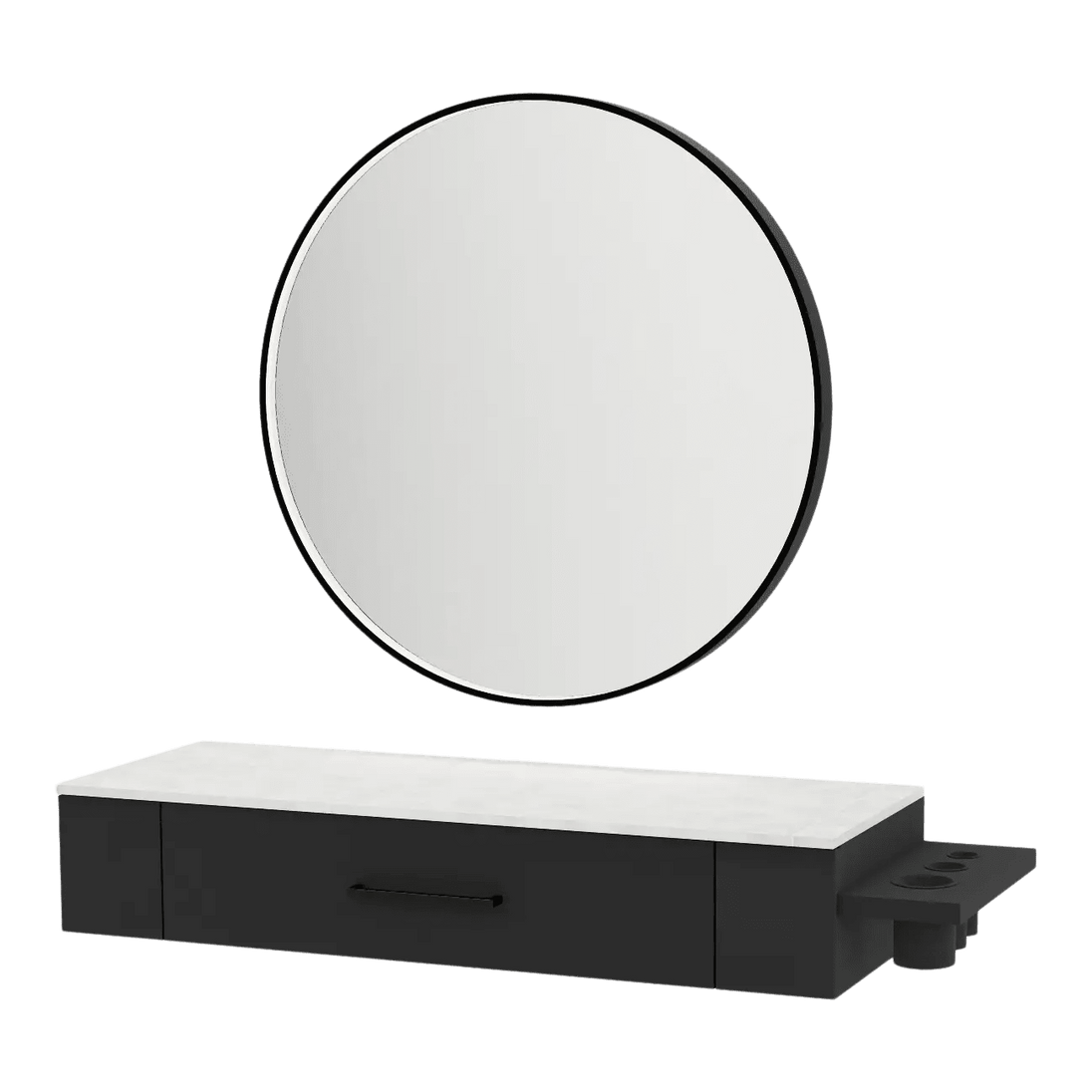 Nova Wall Mount Styling Station with Side-Mount Appliance Holder, Solid Surface Countertop, and Black Round Westin Mirror - Kaemark