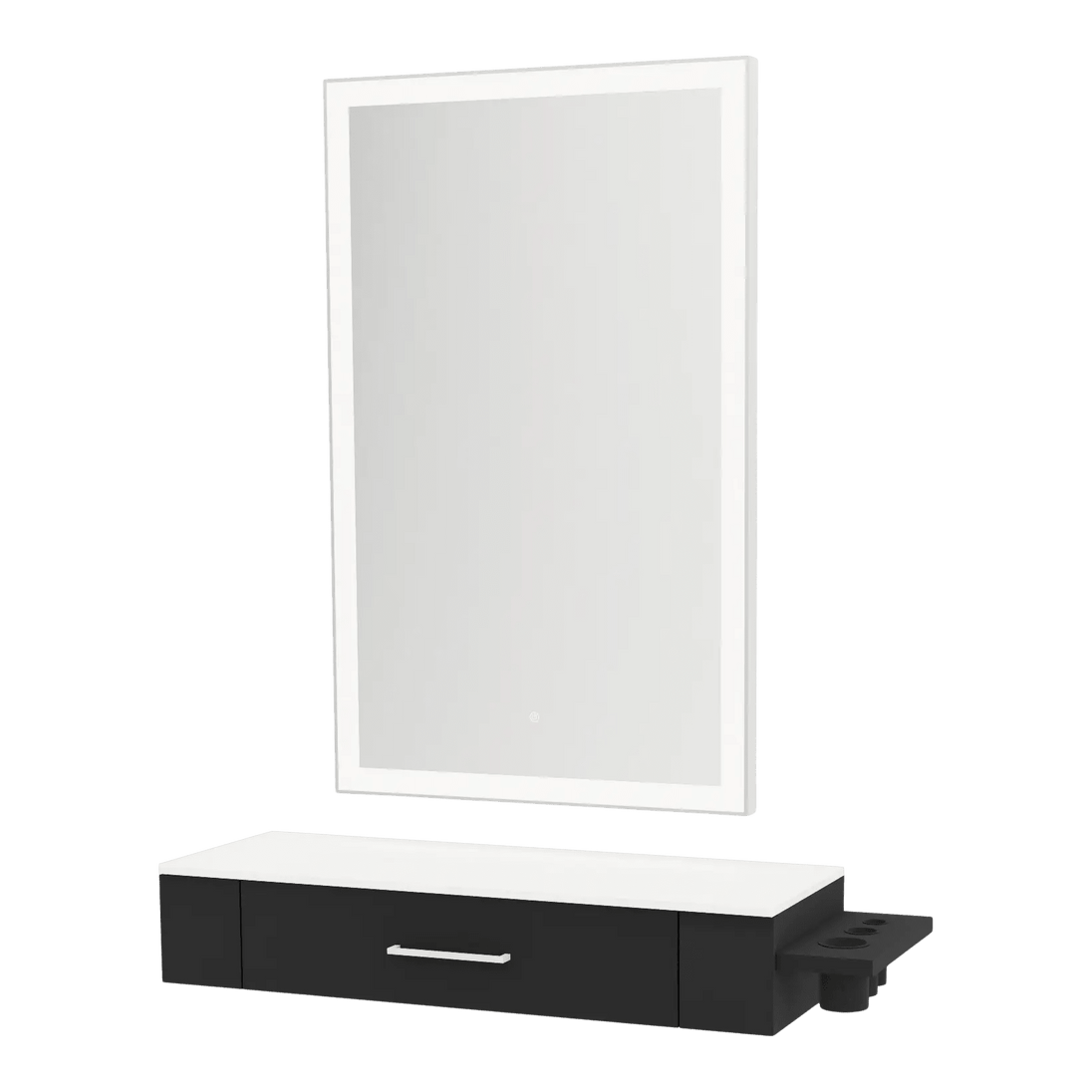 Nova Wall Mount Styling Station with Side-Mount Appliance Holder, Solid Surface Countertop and Silver Rectangle Glo Mirror - Kaemark