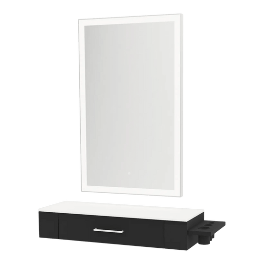 Nova Wall Mount Styling Station with Side-Mount Appliance Holder, Solid Surface Countertop and Silver Rectangle Glo Mirror - Kaemark