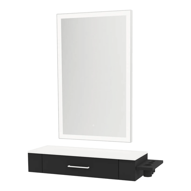 Nova Wall Mount Styling Station with Side-Mount Appliance Holder, Solid Surface Countertop and Silver Rectangle Glo Mirror - Kaemark