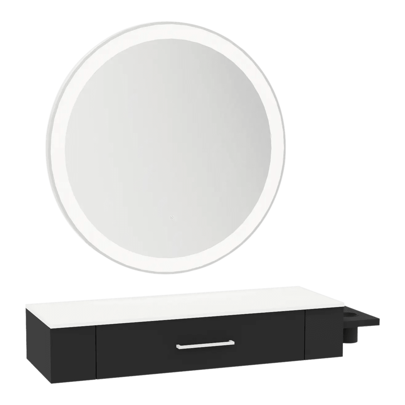 Nova Wall Mount Styling Station with Side-Mount Appliance Holder, Solid Surface Countertop, and Silver Round Glo Mirror - Kaemark