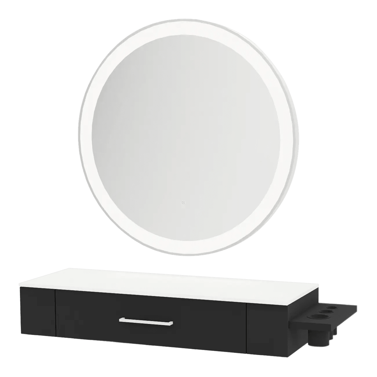 Nova Wall Mount Styling Station with Side-Mount Appliance Holder, Solid Surface Countertop, and Silver Round Glo Mirror - Kaemark
