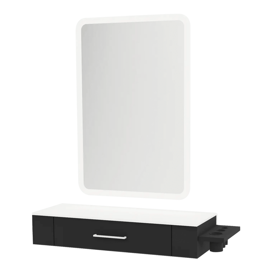Nova Wall Mount Styling Station with Side-Mount Appliance Holder, Solid Surface Countertop and Illuminate LED Mirror - Kaemark