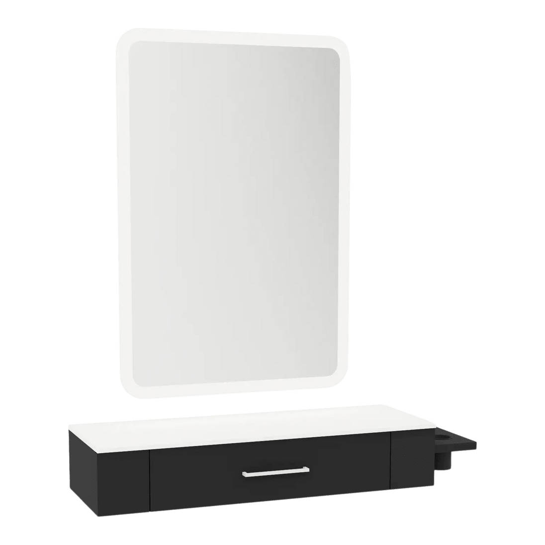Nova Wall Mount Styling Station with Side-Mount Appliance Holder, Solid Surface Countertop and Illuminate LED Mirror - Kaemark