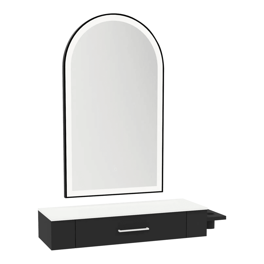 Nova Wall Mount Styling Station with Side-Mount Appliance Holder, Solid Surface Countertop, and Black Arch Paloma Mirror - Kaemark