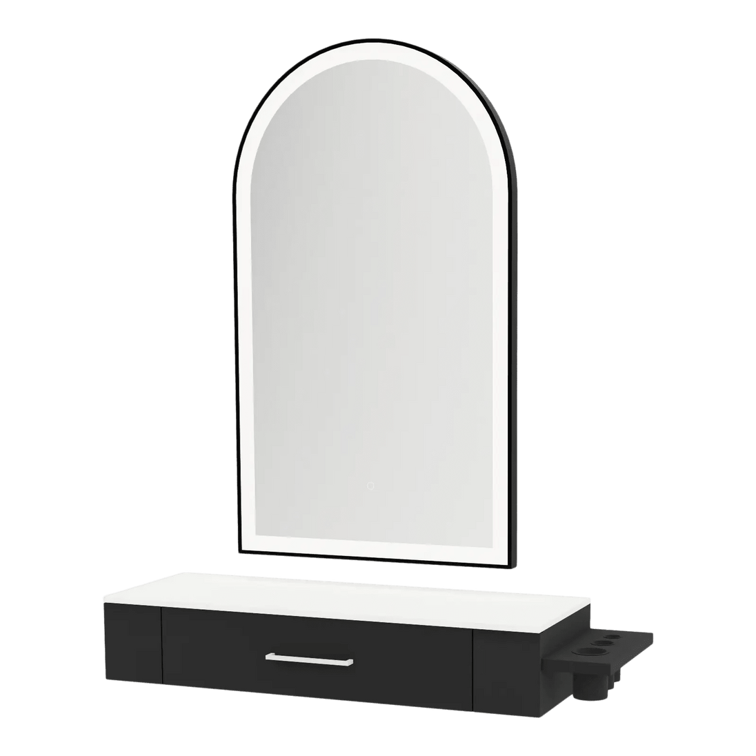 Nova Wall Mount Styling Station with Side-Mount Appliance Holder, Solid Surface Countertop, and Black Arch Paloma Mirror - Kaemark
