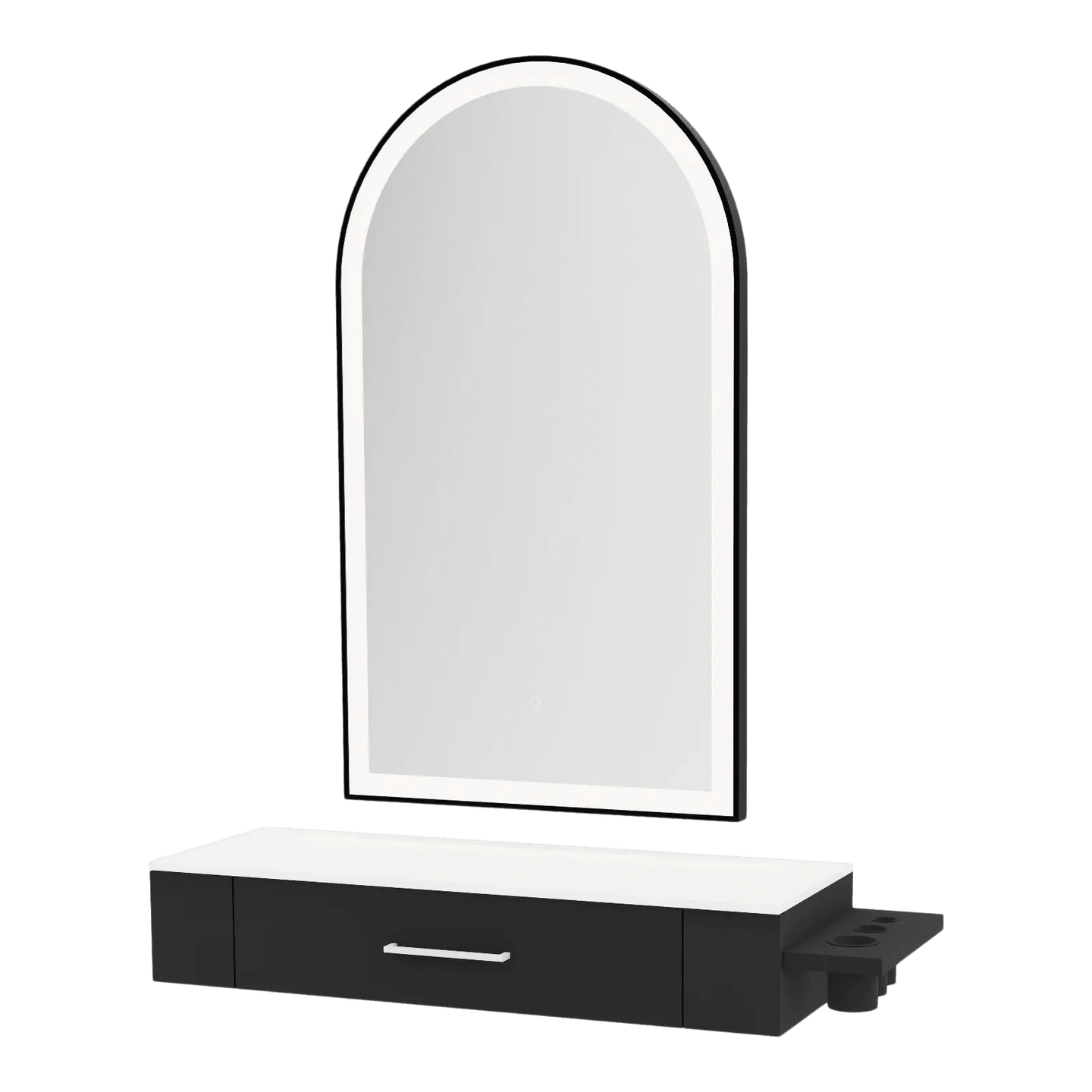 Nova Wall Mount Styling Station with Side-Mount Appliance Holder, Solid Surface Countertop, and Black Arch Paloma Mirror - Kaemark