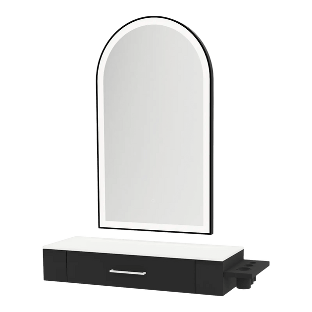 Nova Wall Mount Styling Station with Side-Mount Appliance Holder, Solid Surface Countertop, and Black Arch Paloma Mirror - Kaemark