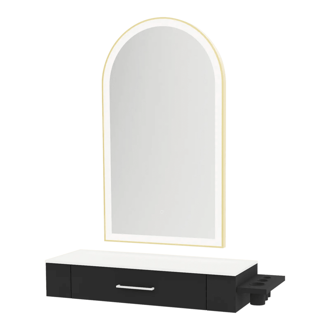 Nova Wall Mount Styling Station with Side-Mount Appliance Holder, Solid Surface Countertop and Gold Paloma Arch Mirror - Kaemark