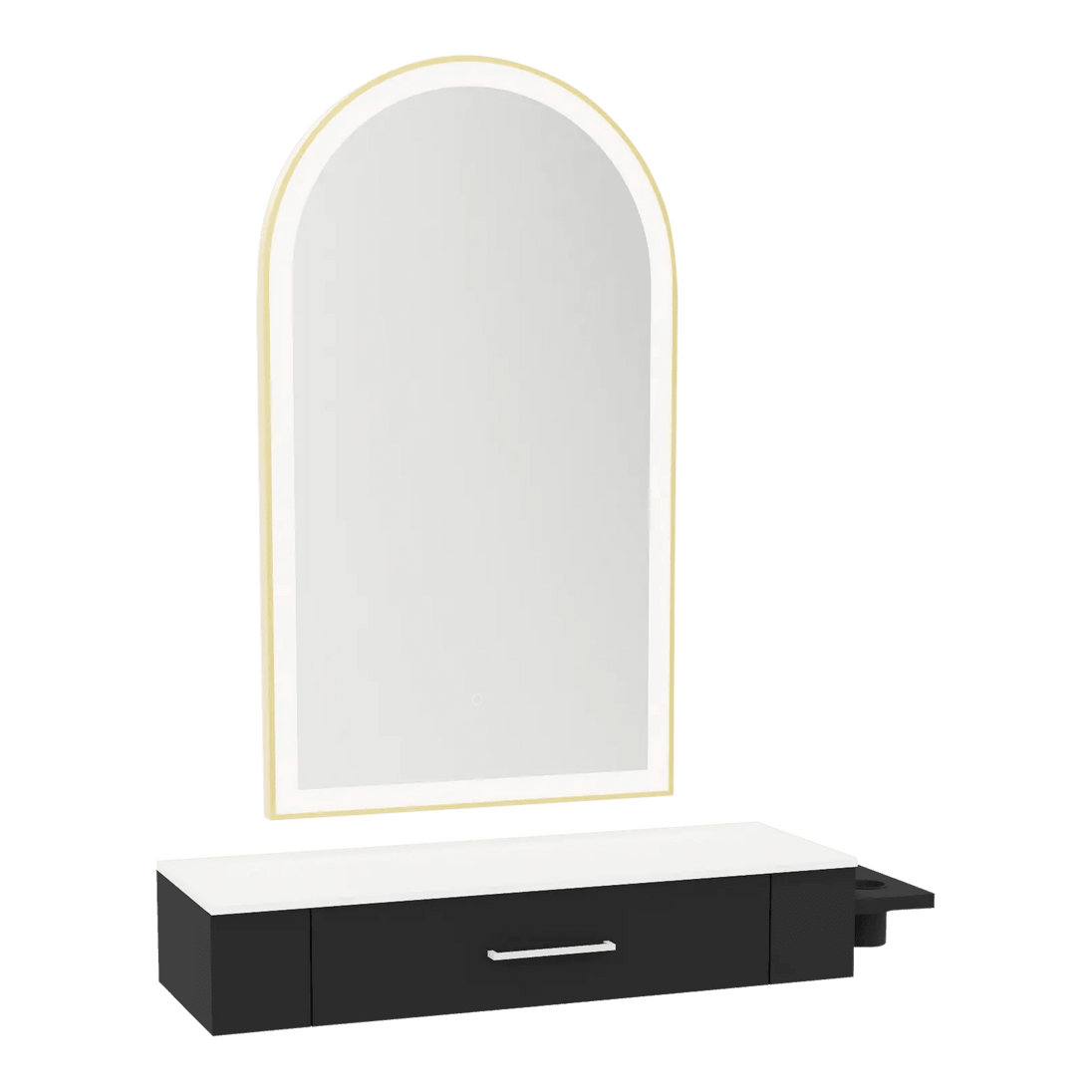 Nova Wall Mount Styling Station with Side-Mount Appliance Holder, Solid Surface Countertop and Gold Paloma Arch Mirror - Kaemark