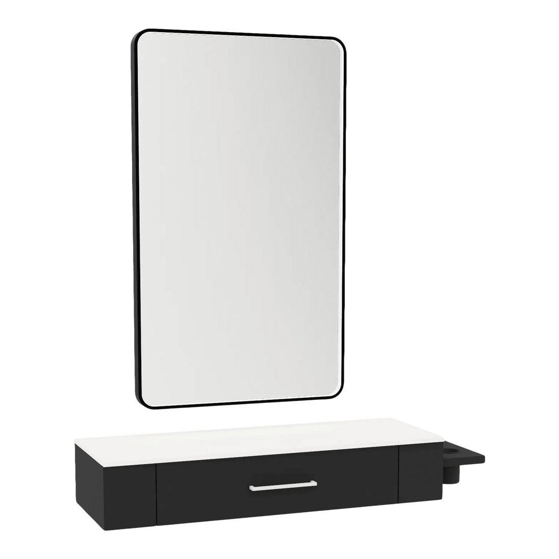 Nova Wall Mount Styling Station with Side-Mount Appliance Holder, Solid Surface Countertop, and Black Rectangle Westin Mirror - Kaemark