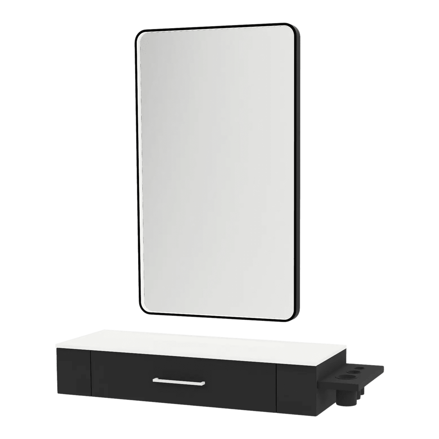 Nova Wall Mount Styling Station with Side-Mount Appliance Holder, Solid Surface Countertop, and Black Rectangle Westin Mirror - Kaemark