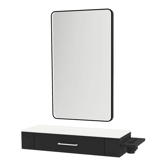 Nova Wall Mount Styling Station with Side-Mount Appliance Holder, Solid Surface Countertop, and Black Rectangle Westin Mirror - Kaemark