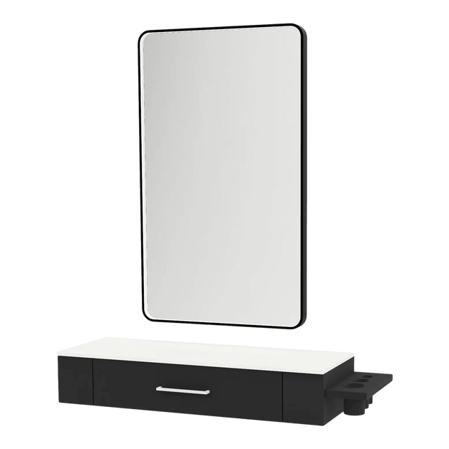 Nova Wall Mount Styling Station with Side-Mount Appliance Holder, Solid Surface Countertop, and Black Rectangle Westin Mirror - Kaemark