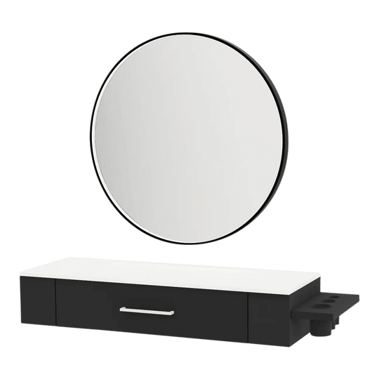 Nova Wall Mount Styling Station with Side-Mount Appliance Holder, Solid Surface Countertop, and Black Round Westin Mirror - Kaemark