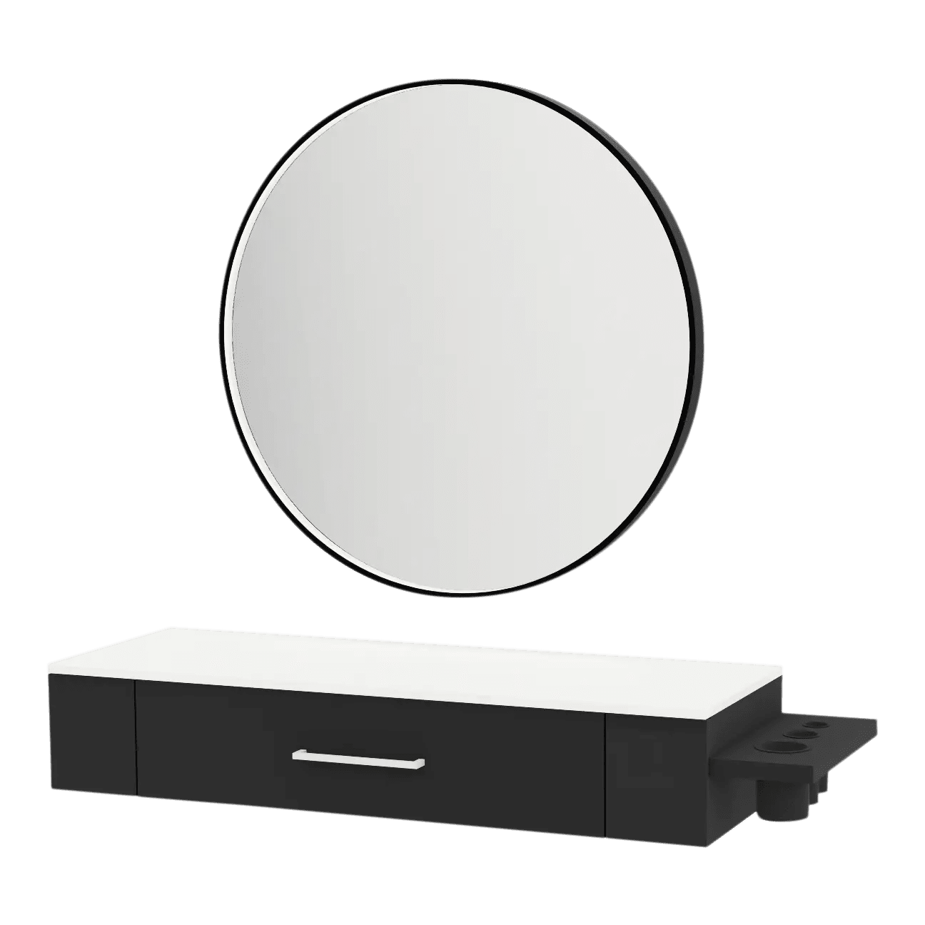 Nova Wall Mount Styling Station with Side-Mount Appliance Holder, Solid Surface Countertop, and Black Round Westin Mirror - Kaemark