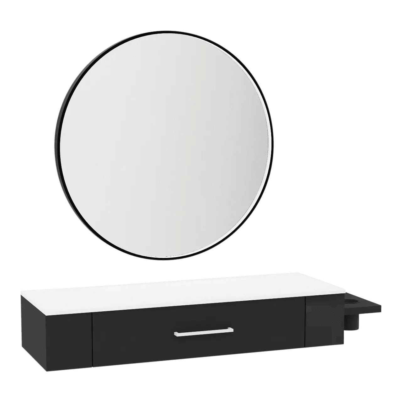 Nova Wall Mount Styling Station with Side-Mount Appliance Holder, Solid Surface Countertop, and Black Round Westin Mirror - Kaemark