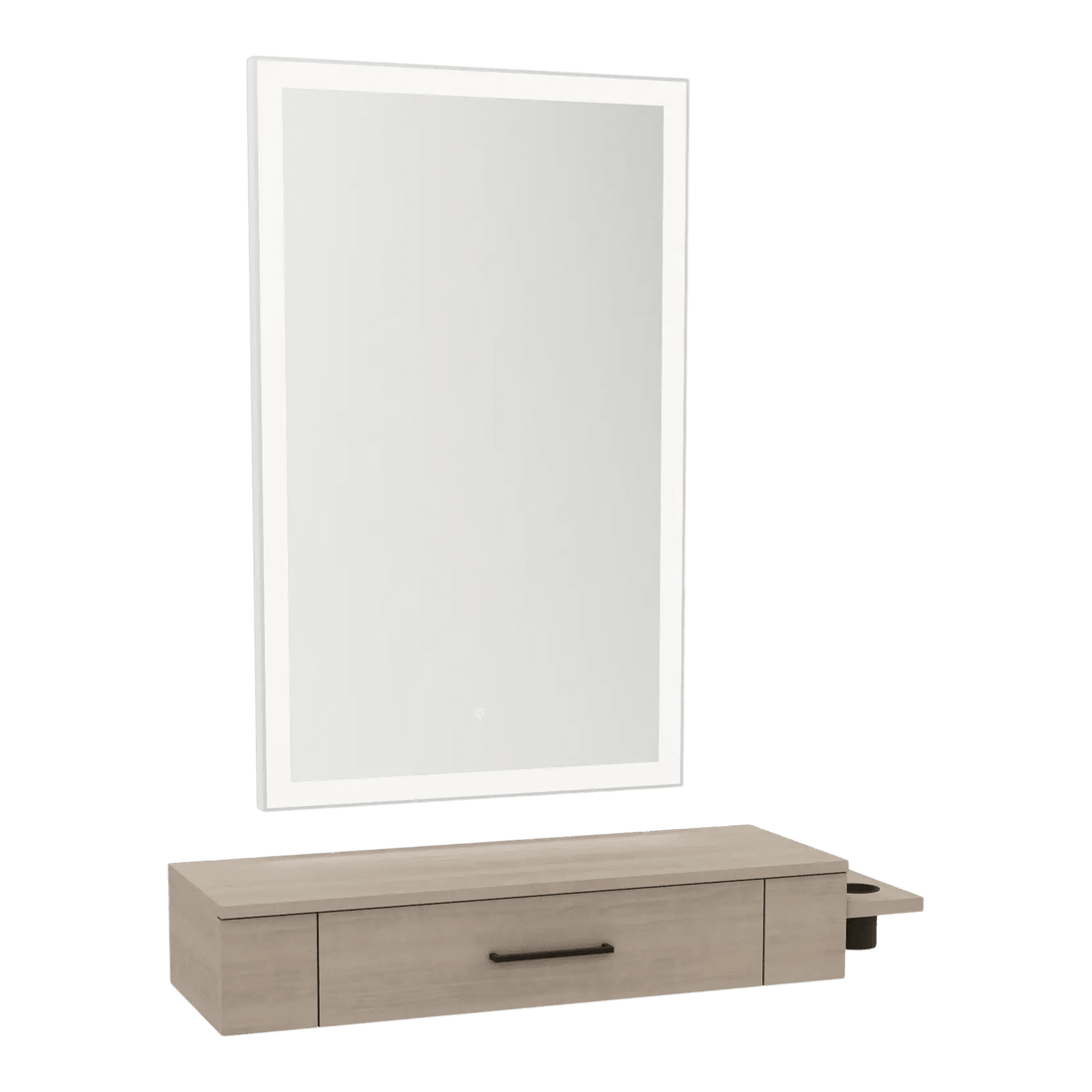 Nova Wall Mount Styling Station with Side-Mount Appliance Holder and Silver Rectangle Glo Mirror - Kaemark
