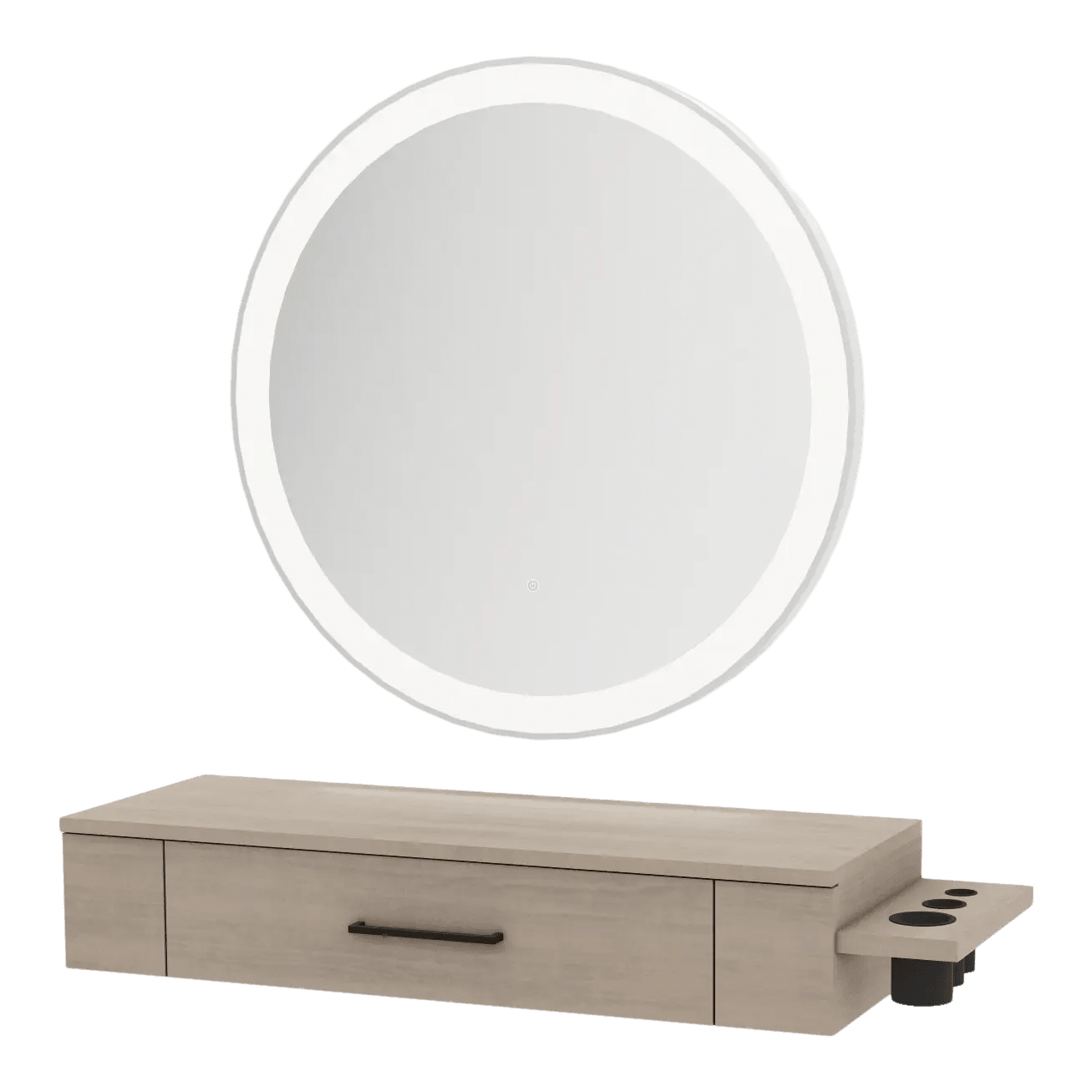 Nova Wall Mount Styling Station with Side-Mount Appliance Holder and Silver Round Glo Mirror - Kaemark