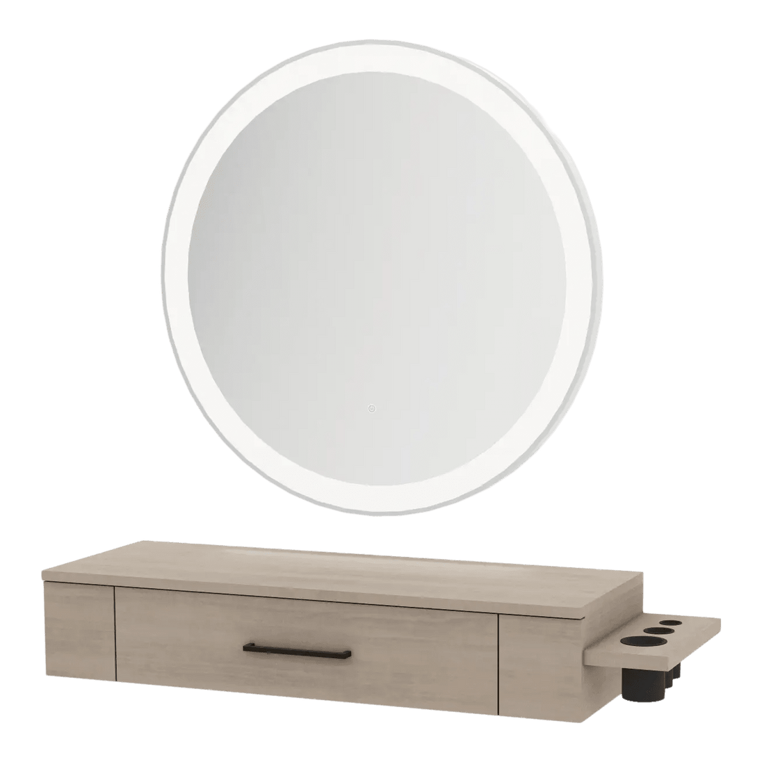 Nova Wall Mount Styling Station with Side-Mount Appliance Holder and Silver Round Glo Mirror - Kaemark
